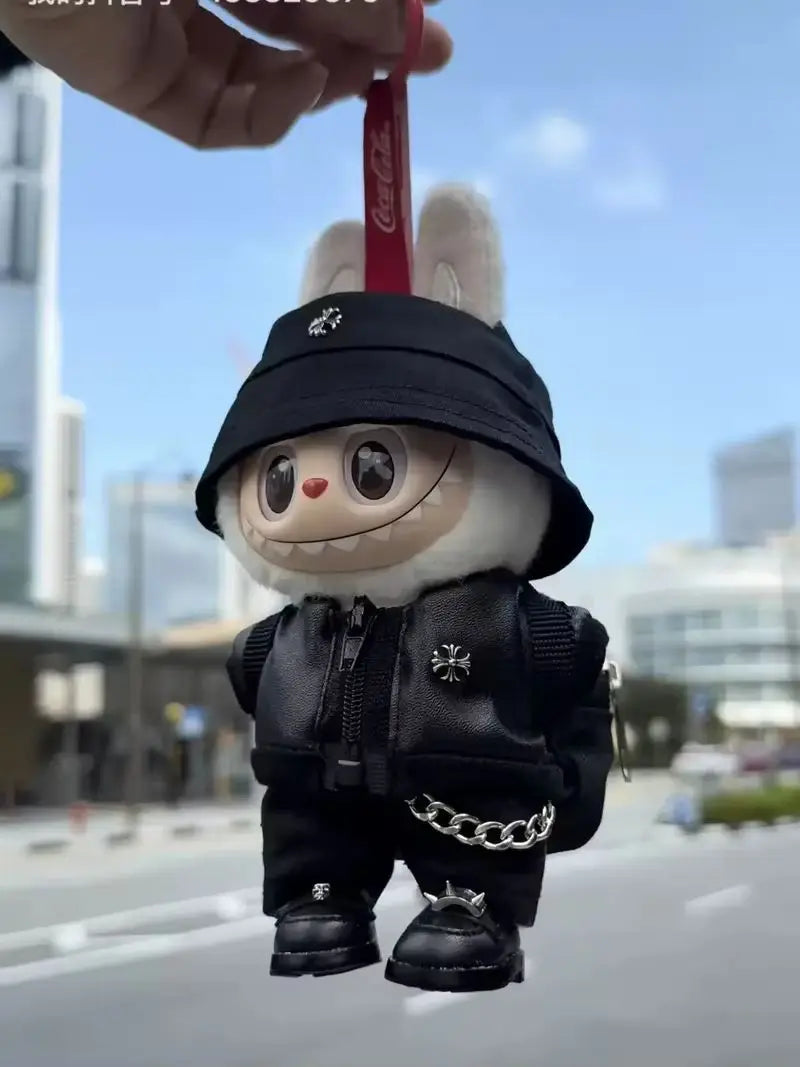 Labubu Fashion Leather 5/6pcs Suit For 17cm V1 V3 Labubuwa Clothes Handsome Trend Boy Doll Clothes Full Set