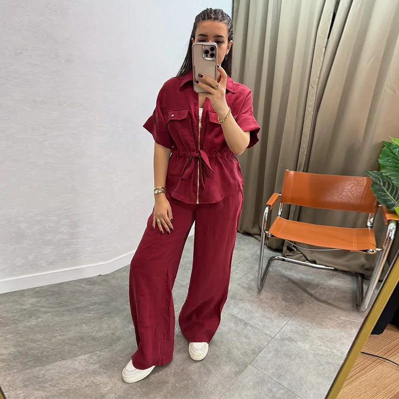 Casual Coat Pant Set Women Loose Zipper V-neck Lace Up Pleat Top Wide Leg Trousers Suit 2025 Summer Lady 2 Pieces Outfits New