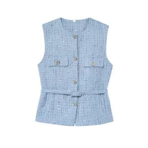 Women Fashion Tweed Belt Waistcoat O Neck Single Breasted Sleeveless Vests Spring Summer Office Lady Outerwear Chic Tops