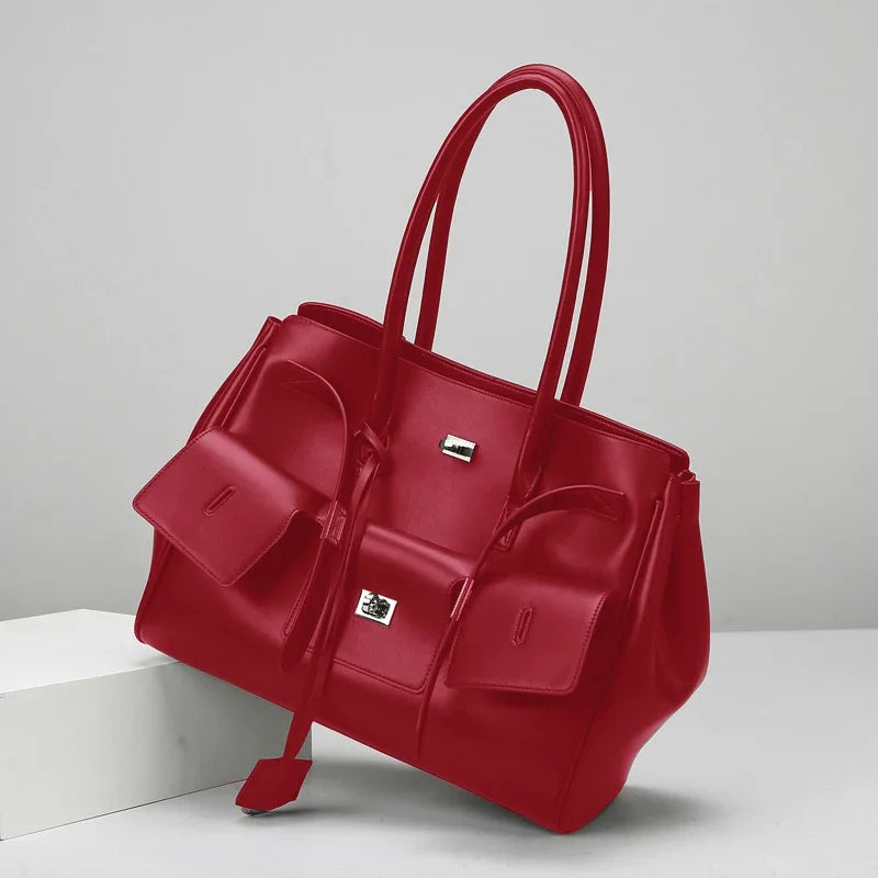 New Luxury Silver Buckle Large Capacity Wing Bag Designer Fashion Genuine Leather Tote Bag Brand Women's Commuter Shoulder Bag